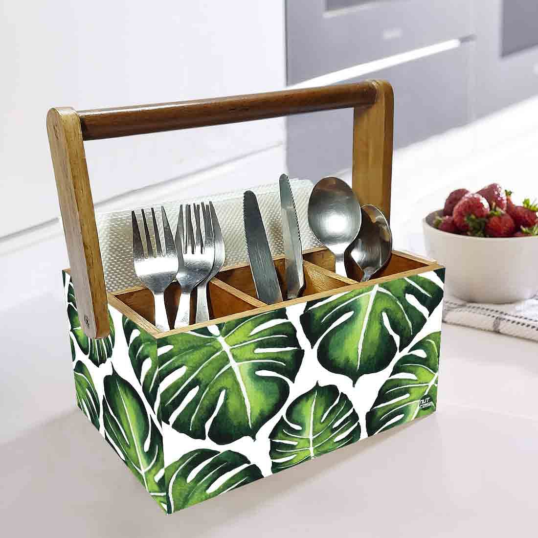 Spoon and Fork Holder for Restaurant With Handle - Monstera Leaves - Image 2