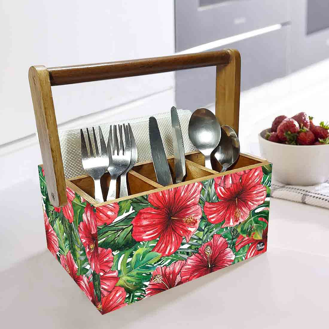 Spoon Stand Wooden for Kitchen Organizer Knives Napkin Forks - Hibiscus - Image 2