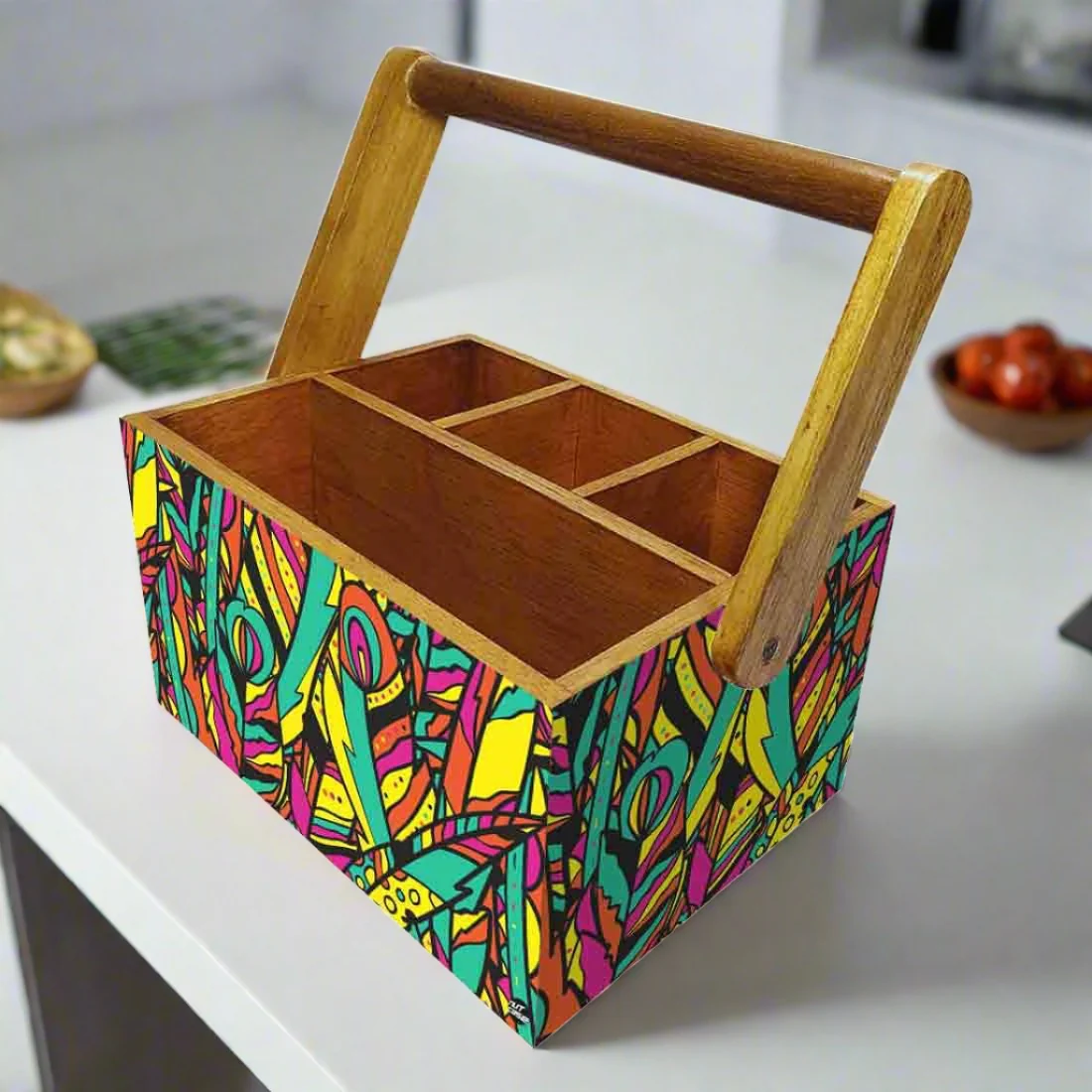Wooden Cutlery Stand for Dining Table with Handle - Multicolor Feathers