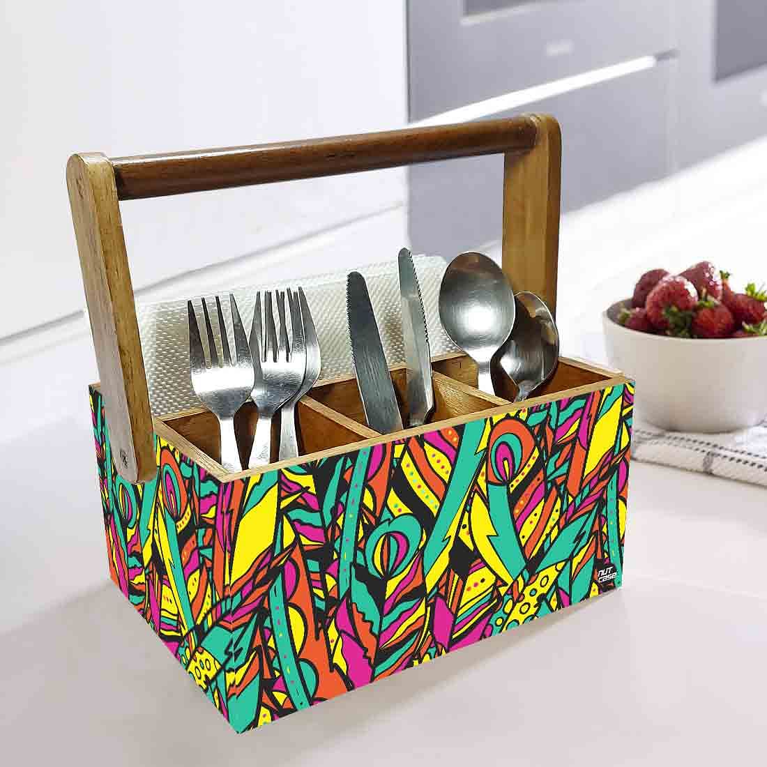 Wooden Cutlery Stand for Dining Table with Handle - Multicolor Feathers - Image 2