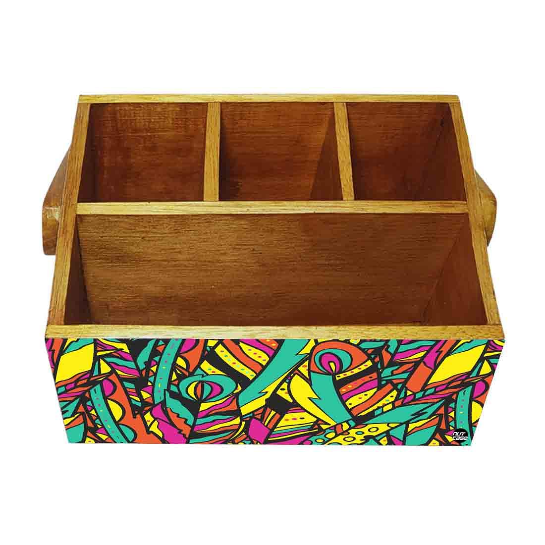 Wooden Cutlery Stand for Dining Table with Handle - Multicolor Feathers - Image 4