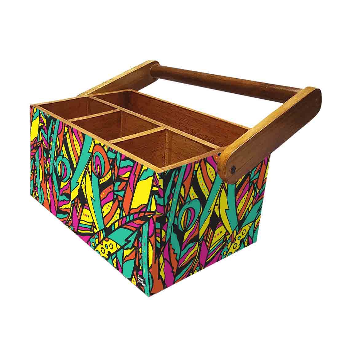 Wooden Cutlery Stand for Dining Table with Handle - Multicolor Feathers - Image 5