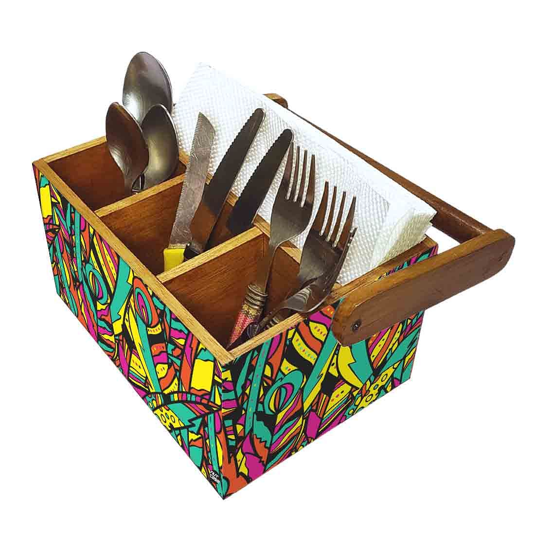 Wooden Cutlery Stand for Dining Table with Handle - Multicolor Feathers - Image 6