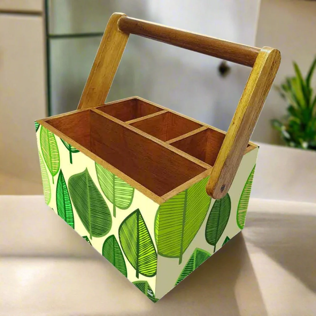 Cutlery Stand Holder for Dining Table Spoons Napkin Organizer - Green Leaves