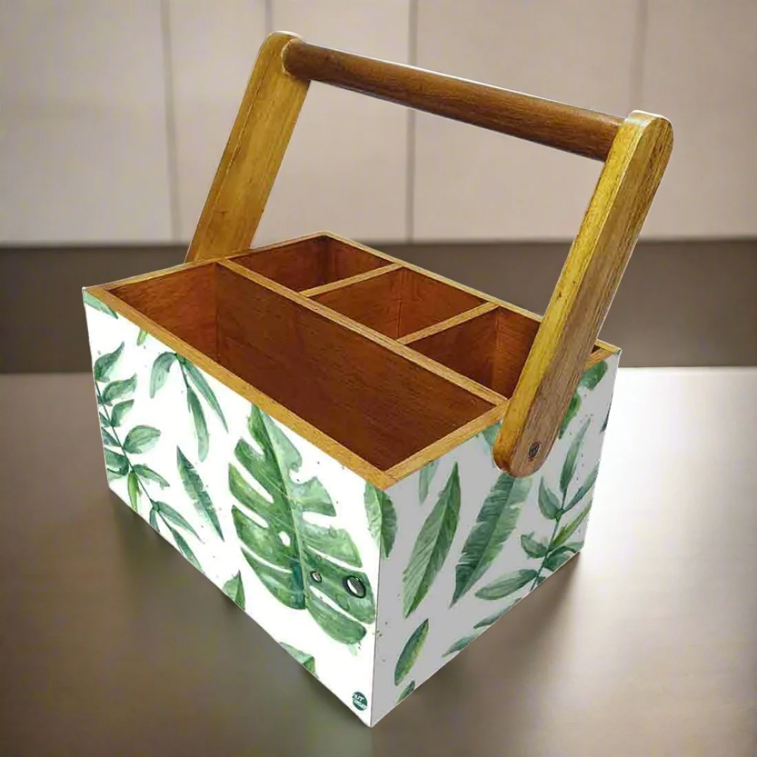 Cutlery Box for Storage Wooden Holder With Handle - Drops Leaves