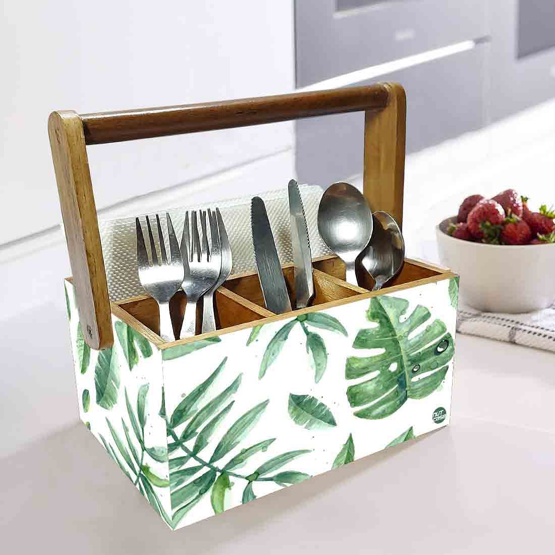 Cutlery Box for Storage Wooden Holder With Handle - Drops Leaves - Image 2