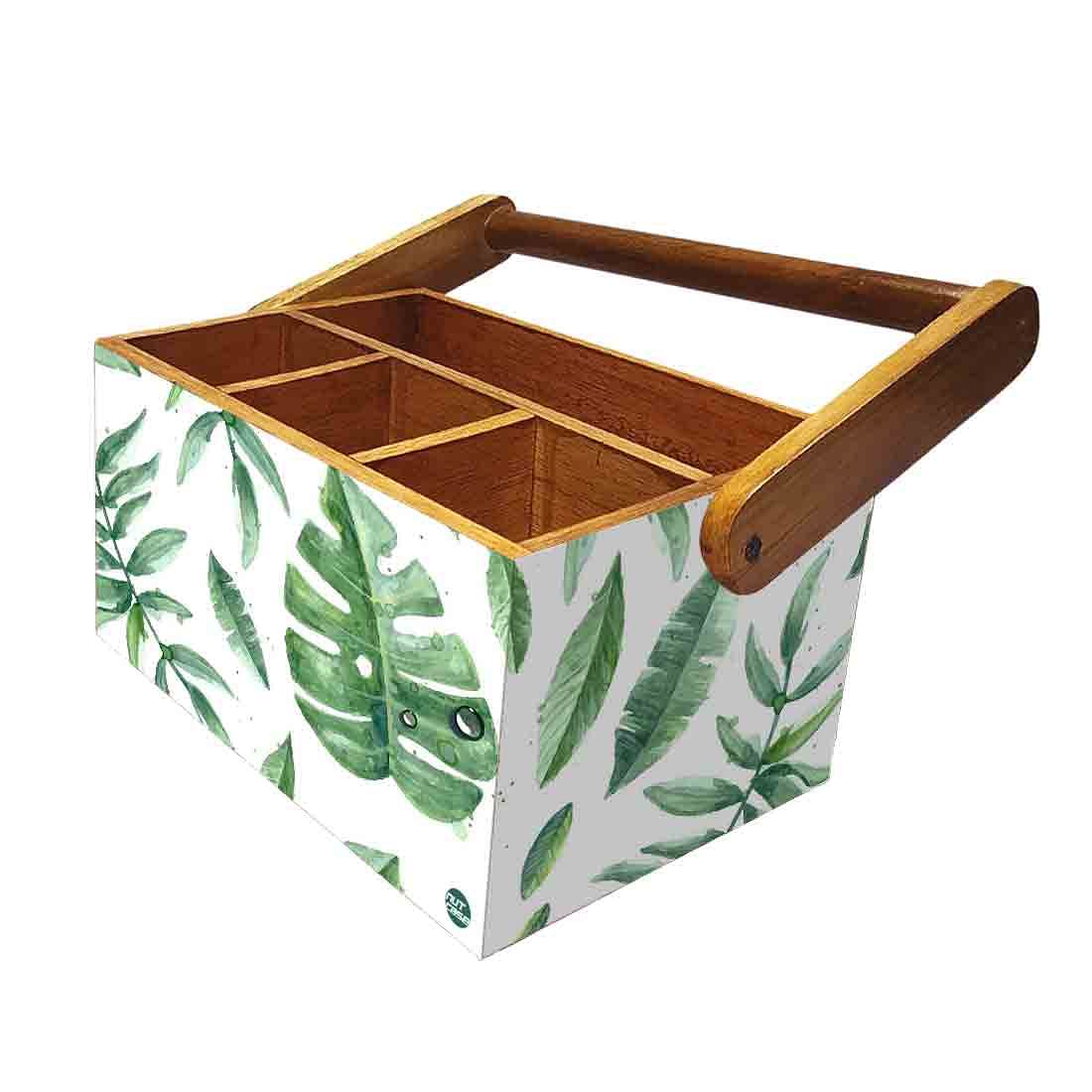 Cutlery Box for Storage Wooden Holder With Handle - Drops Leaves - Image 5