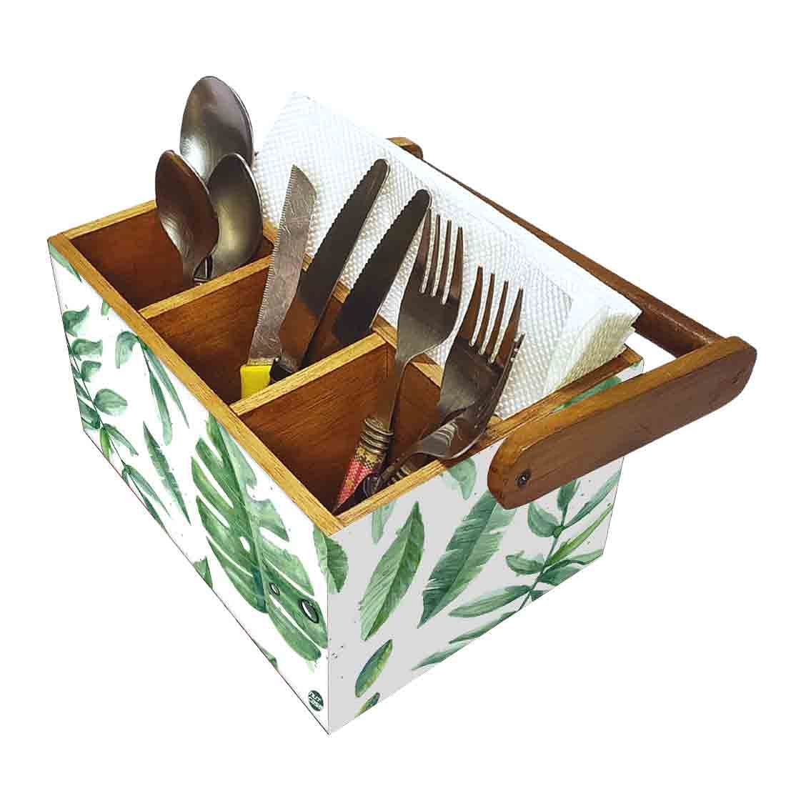 Cutlery Box for Storage Wooden Holder With Handle - Drops Leaves - Image 6