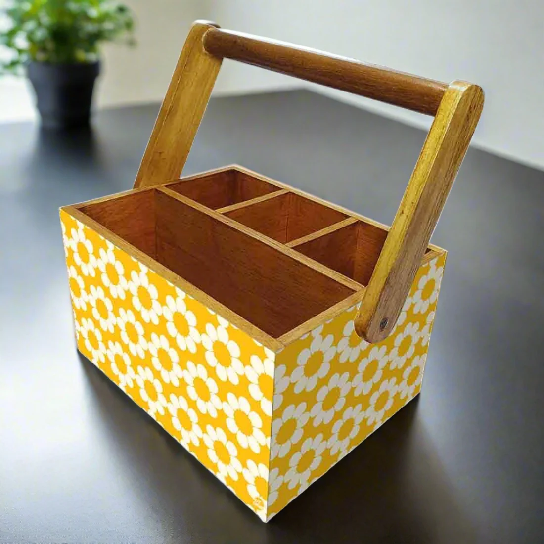 Wooden Cutlery Rack for Dining Table With Handle - Yellow Flower