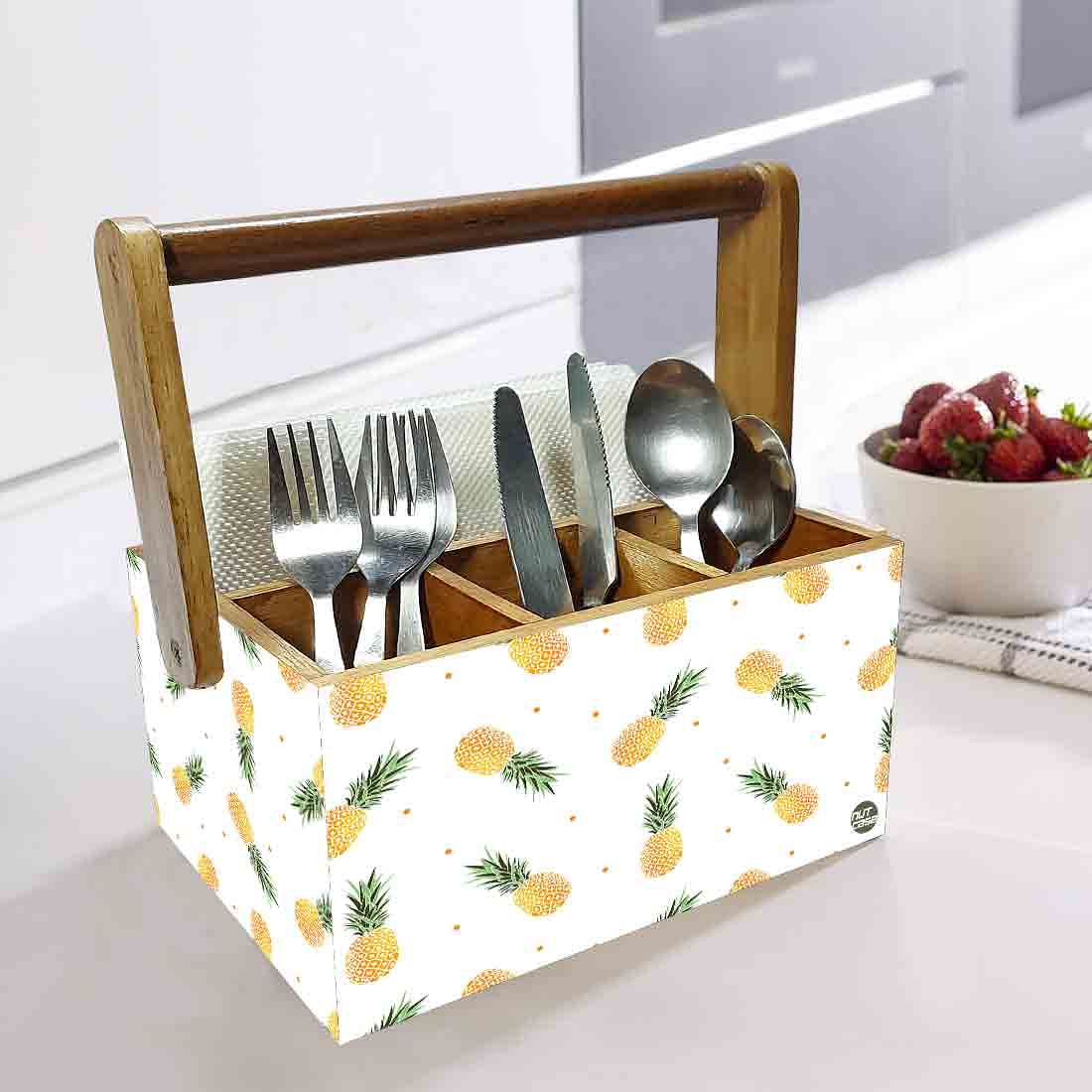 Wooden Cutlery Stand With Napkin Holder Handle for Kitchen Storage - Pineapples - Image 2