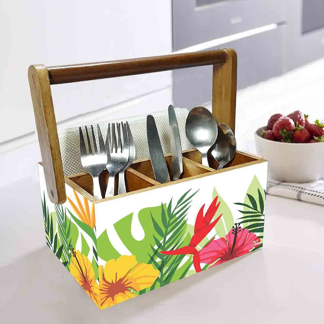 Wooden Cutlery Napkin Holder Condiment Rack Kitchen With Handle - Flower - Image 2