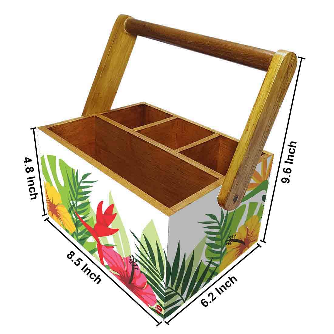 Wooden Cutlery Napkin Holder Condiment Rack Kitchen With Handle - Flower - Image 3