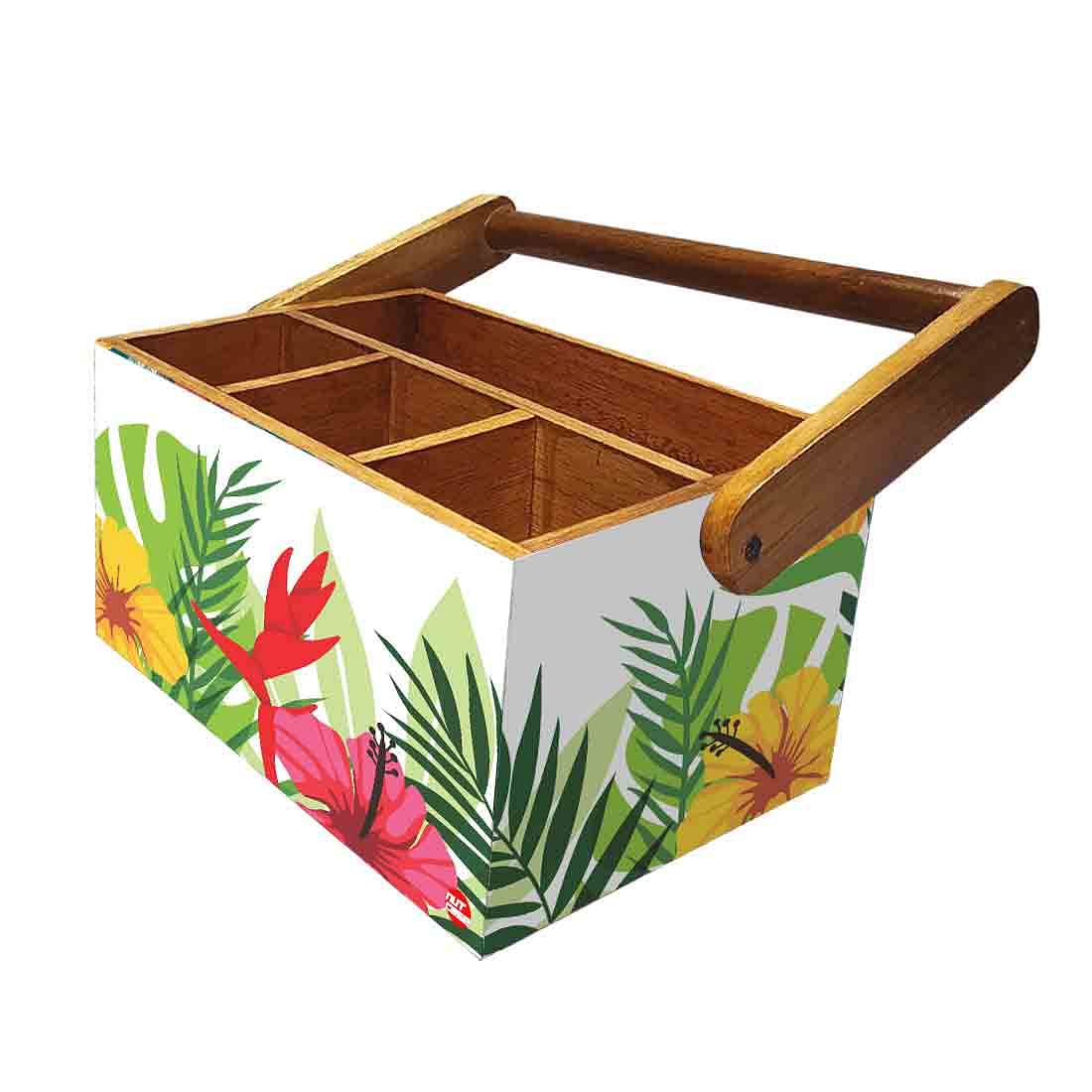 Wooden Cutlery Napkin Holder Condiment Rack Kitchen With Handle - Flower - Image 5