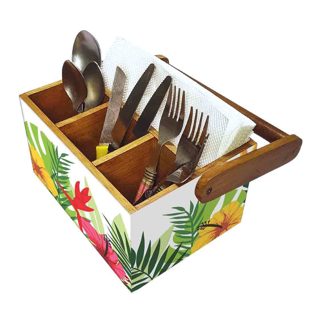 Wooden Cutlery Napkin Holder Condiment Rack Kitchen With Handle - Flower - Image 6