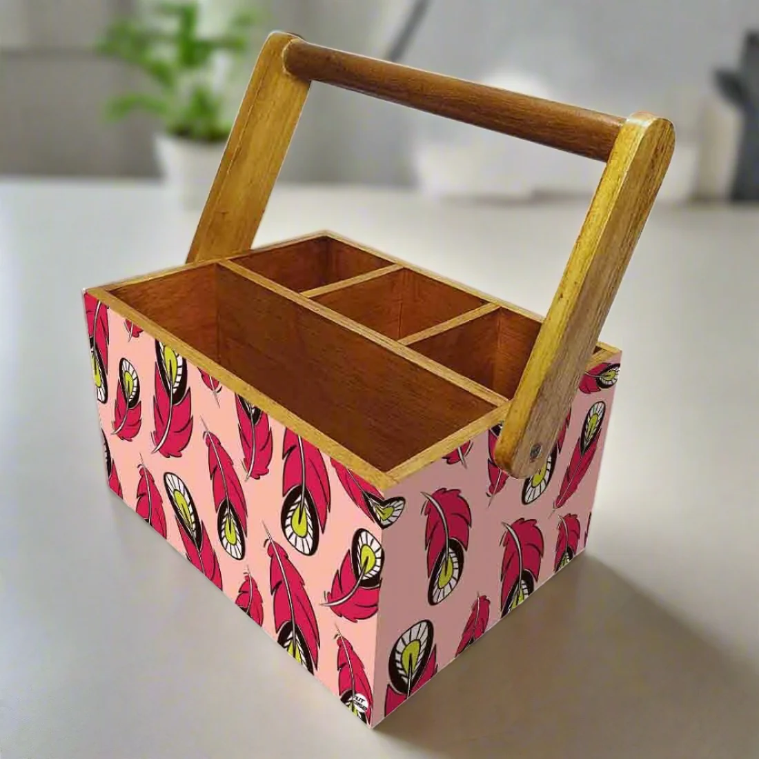 Small Cutlery Holder for Dining Table With Handle - Pink Feathers