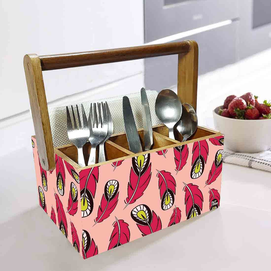 Small Cutlery Holder for Dining Table With Handle - Pink Feathers - Image 2