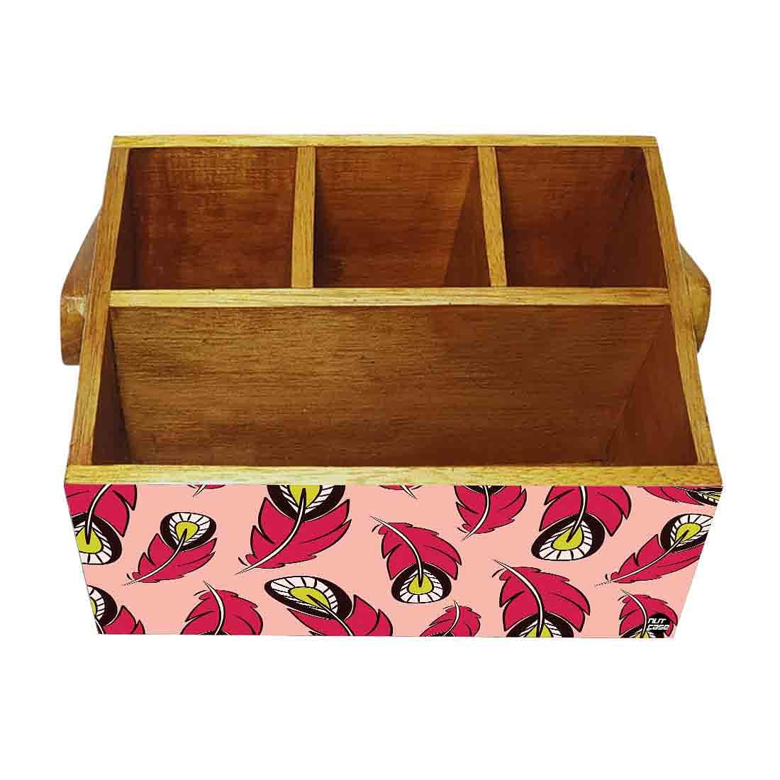 Small Cutlery Holder for Dining Table With Handle - Pink Feathers - Image 4