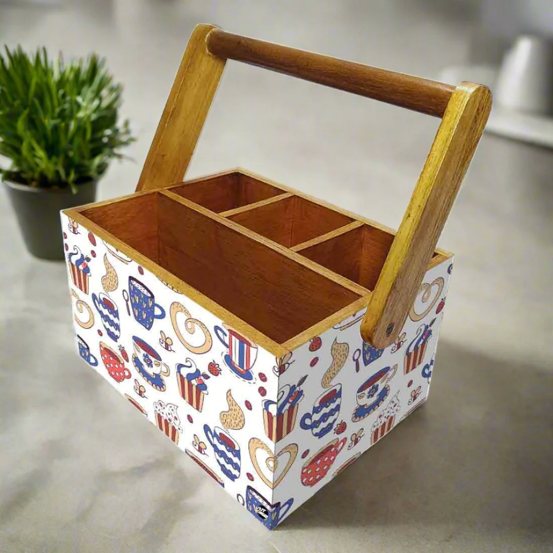 Wooden Cutlery Box for Storage With Handle Spoons Napkin Stand - Tea Cup