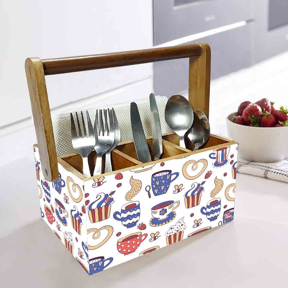 Wooden Cutlery Box for Storage With Handle Spoons Napkin Stand - Tea Cup - Image 2