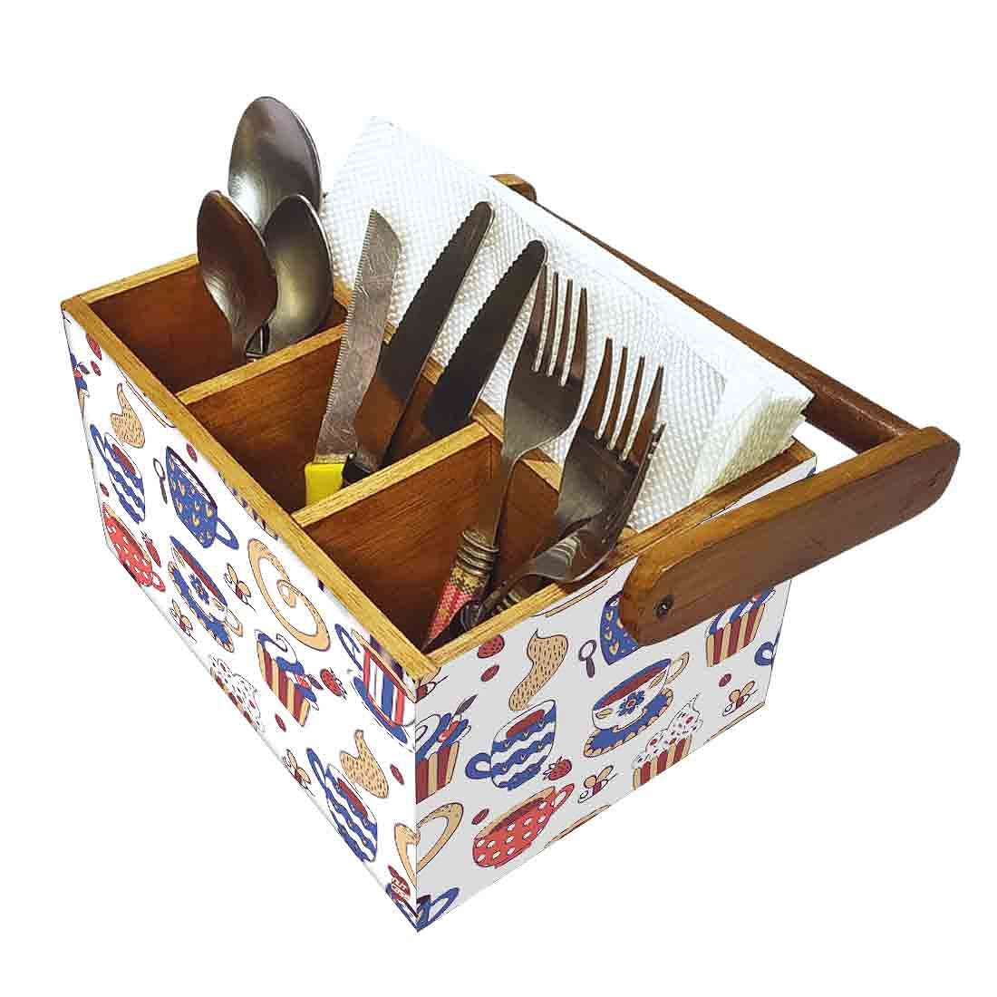Wooden Cutlery Box for Storage With Handle Spoons Napkin Stand - Tea Cup - Image 6