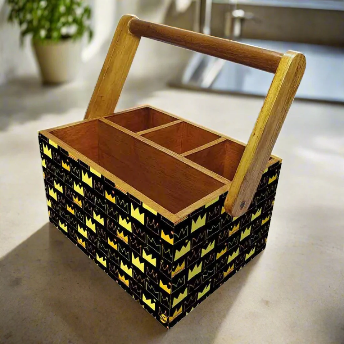 Cutlery Holder for Dining Table With Handle Wooden Organizer - Crown