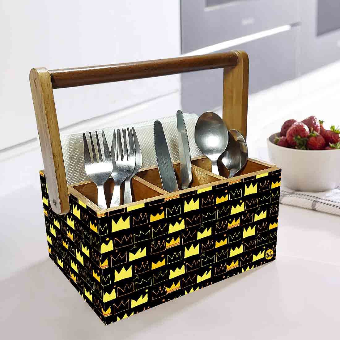 Cutlery Holder for Dining Table With Handle Wooden Organizer - Crown - Image 2