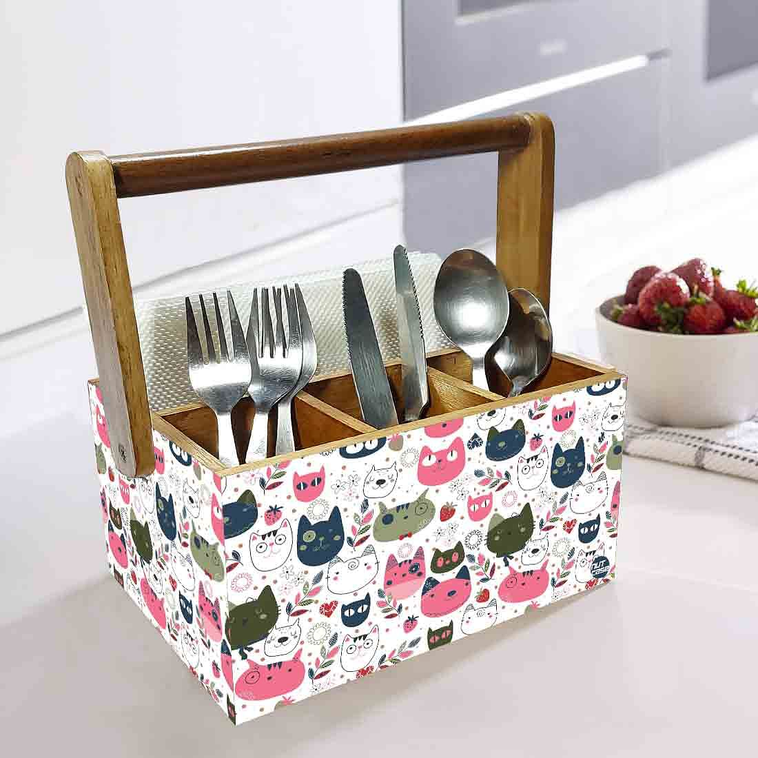 Wooden Spoon Stand for Dining Table Fancy Cutlery Holder With Handle - Cats - Image 2