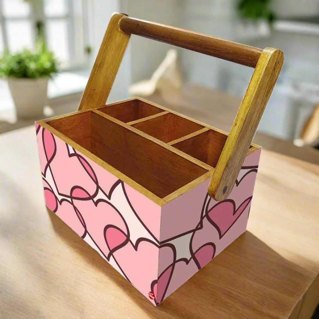 Wooden Cutlery Holder With Handle for Kitchen Storage - Pink Heart