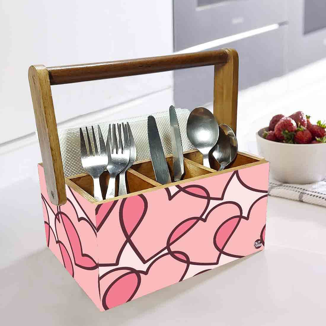 Wooden Cutlery Holder With Handle for Kitchen Storage - Pink Heart - Image 2