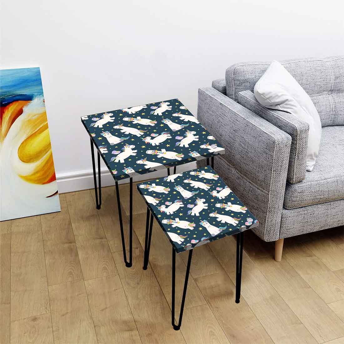 Nesting Coffee Table Set of 2 Nest of Tables for Living Room - Rainbow Unicorns - Image 2