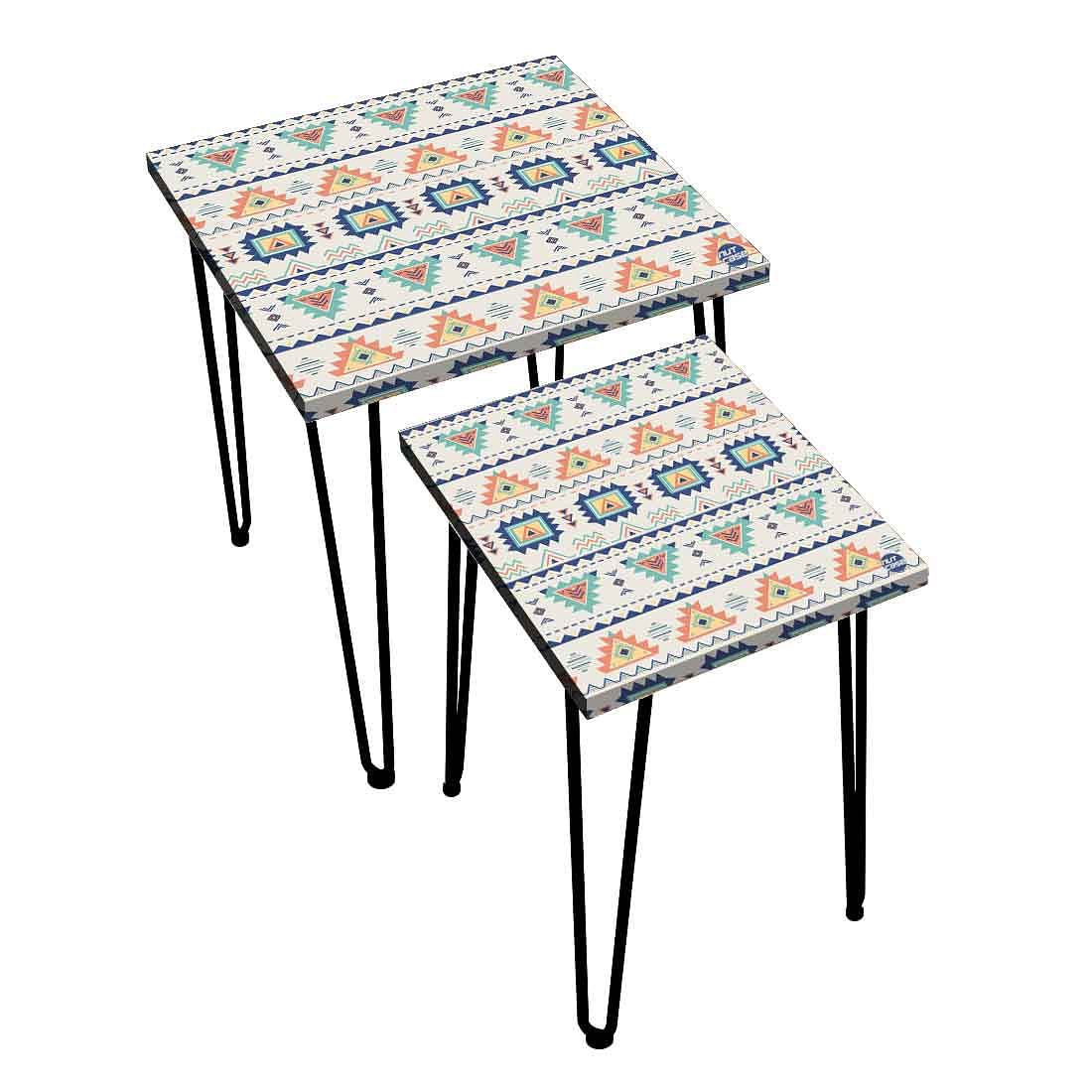 Multi-usable Nest of 2-Coffee Tables For Living Room, Bedroom and Patio - Aztec Grey Pattern