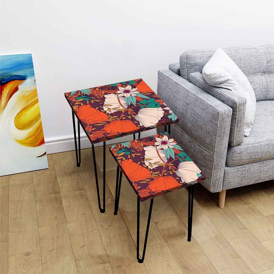 Set of 2 Designer Nest of Tables End Tables for Bedroom - Orange Flower