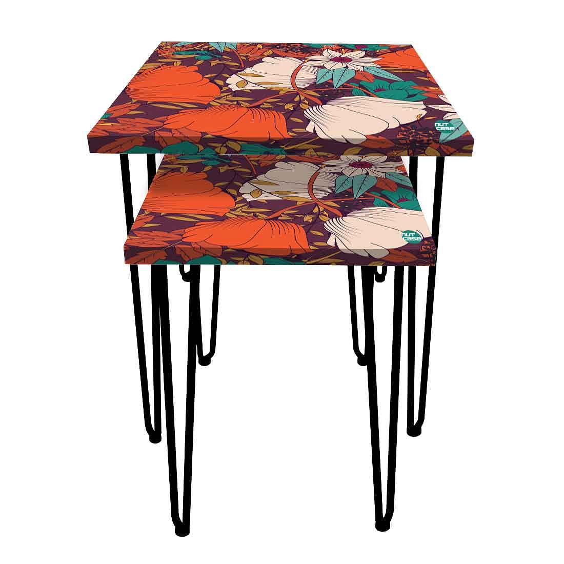 Set of 2 Designer Nest of Tables End Tables for Bedroom - Orange Flower - Image 2