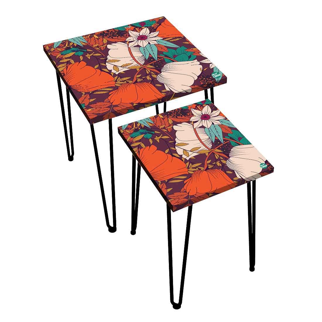 Set of 2 Designer Nest of Tables End Tables for Bedroom - Orange Flower - Image 3
