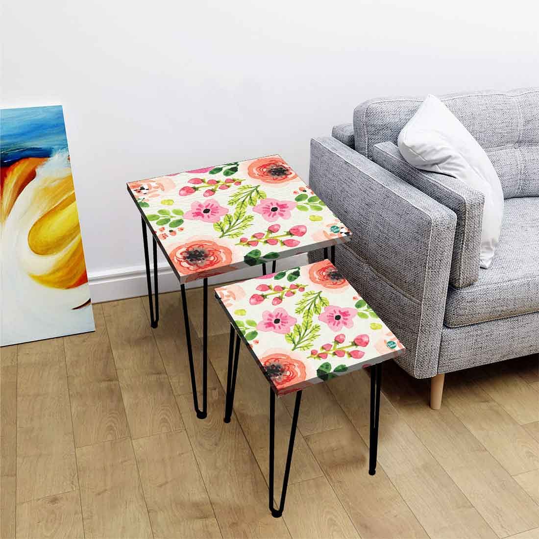 Designer Modern Nest Tables Set of 2 for Living Room - Watercolor Flower