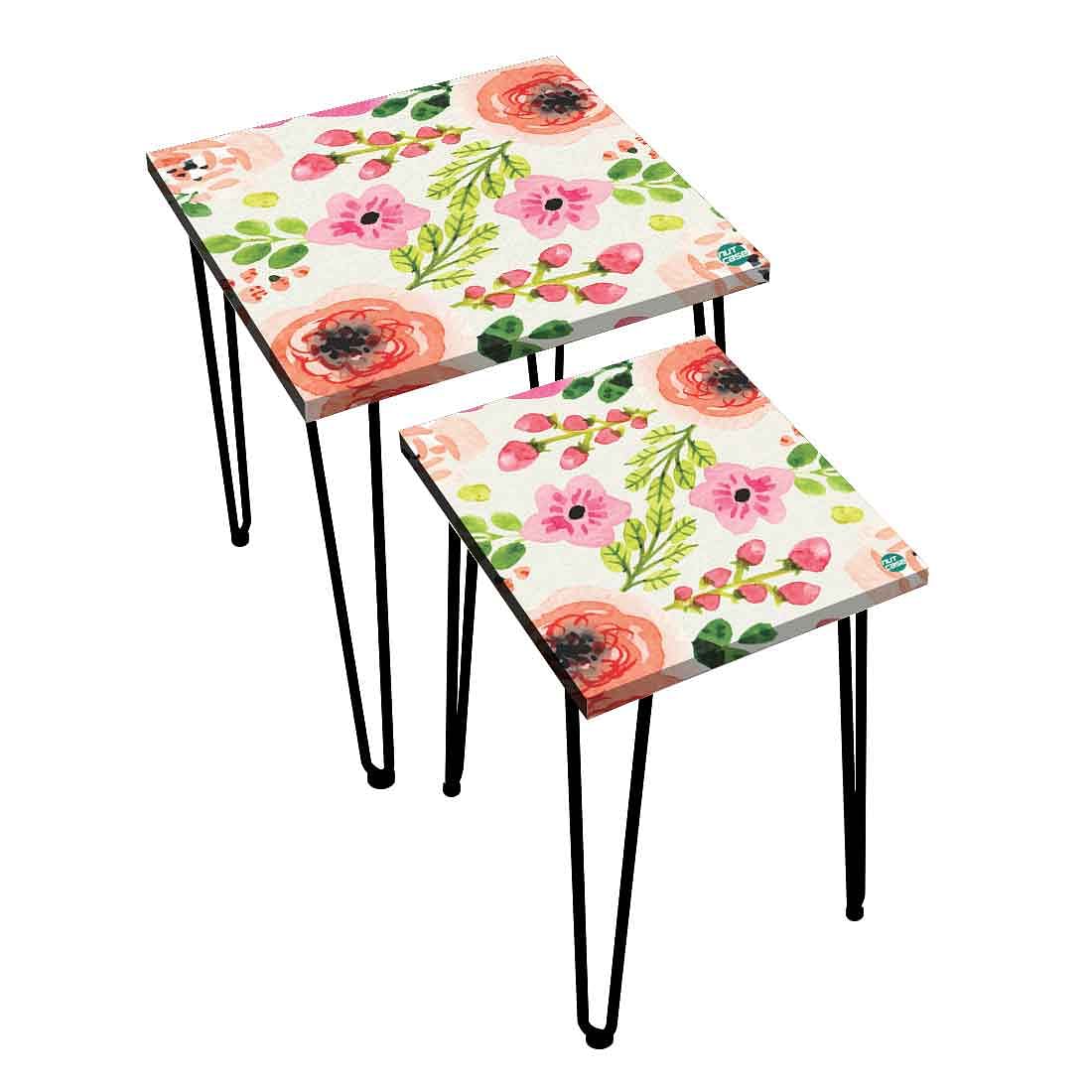 Designer Modern Nest Tables Set of 2 for Living Room - Watercolor Flower - Image 3