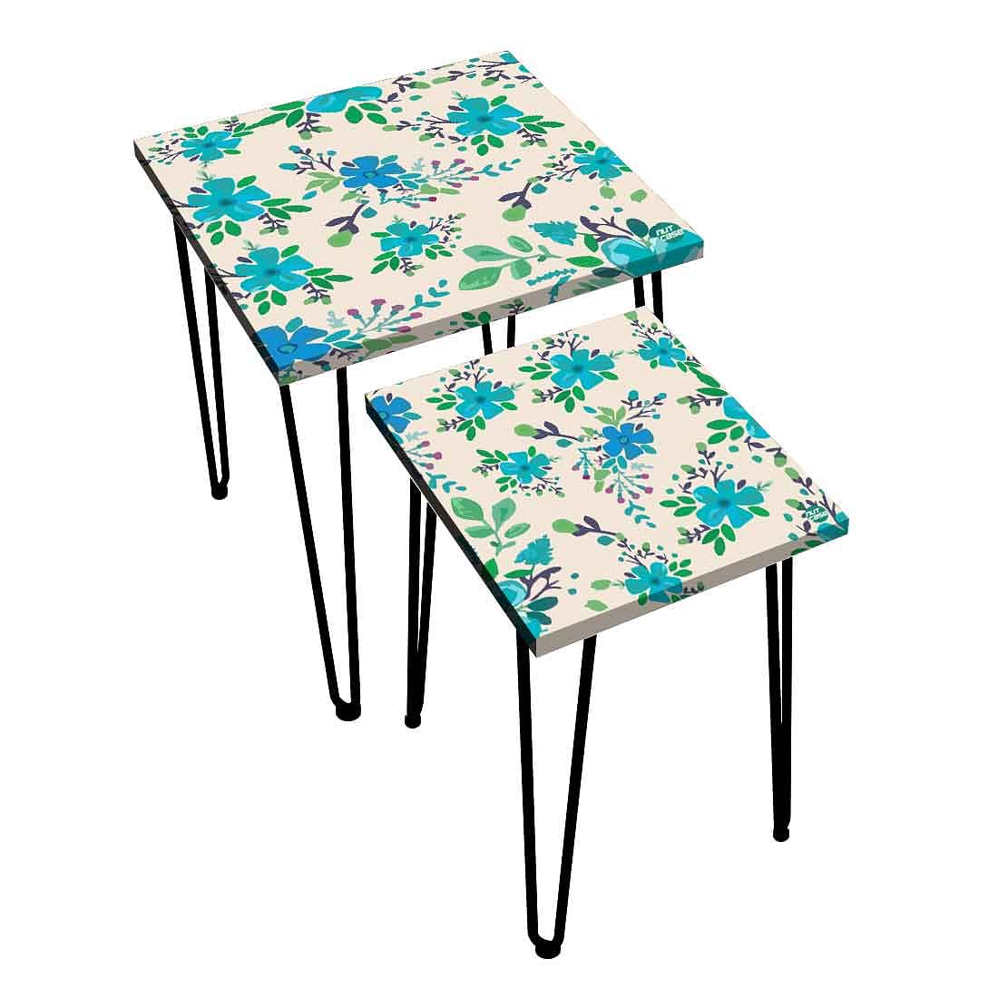 Stackable Side Tables Set of 2 with Designer Blue Flower Printed