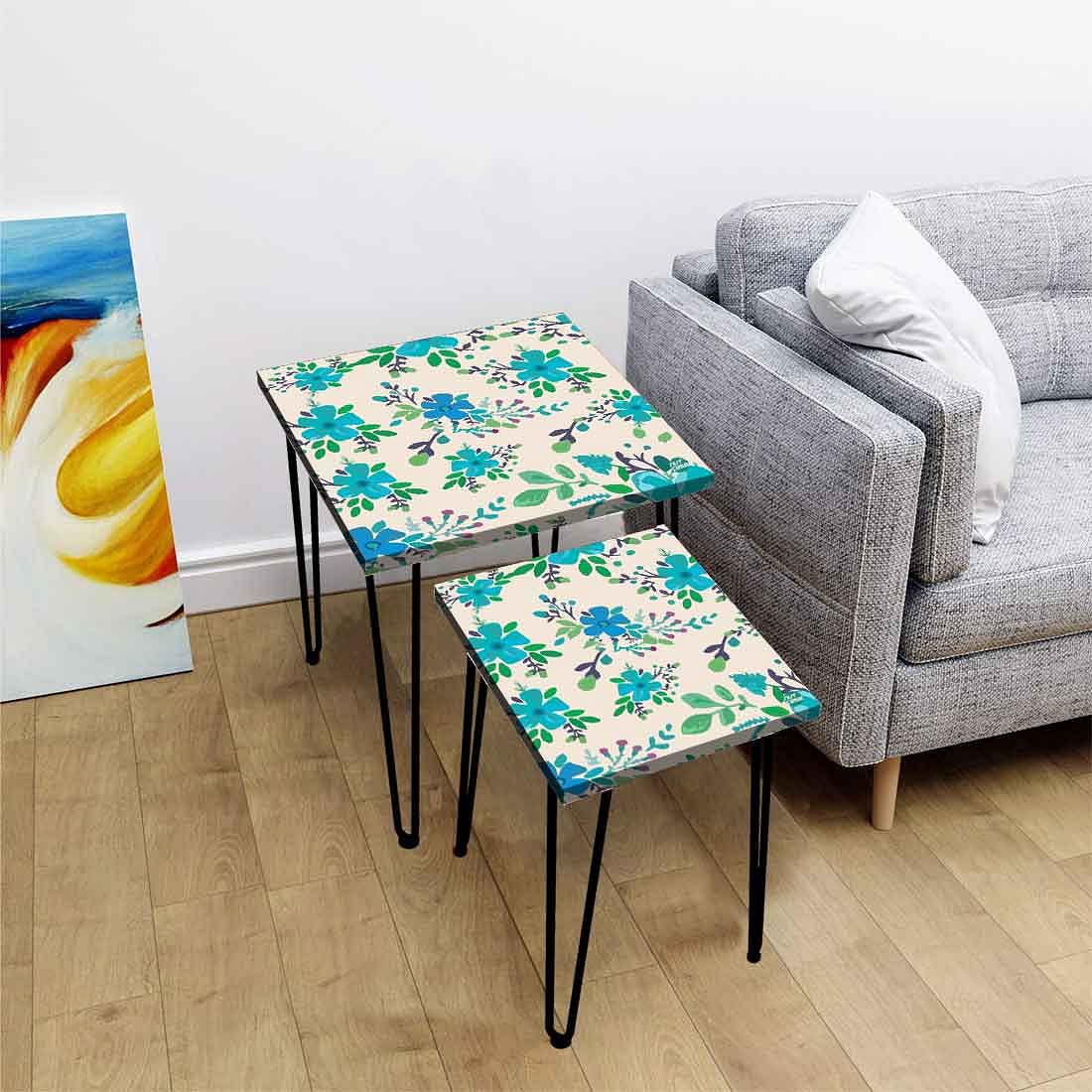 Stackable Side Tables Set of 2 with Designer Blue Flower Printed - Image 2