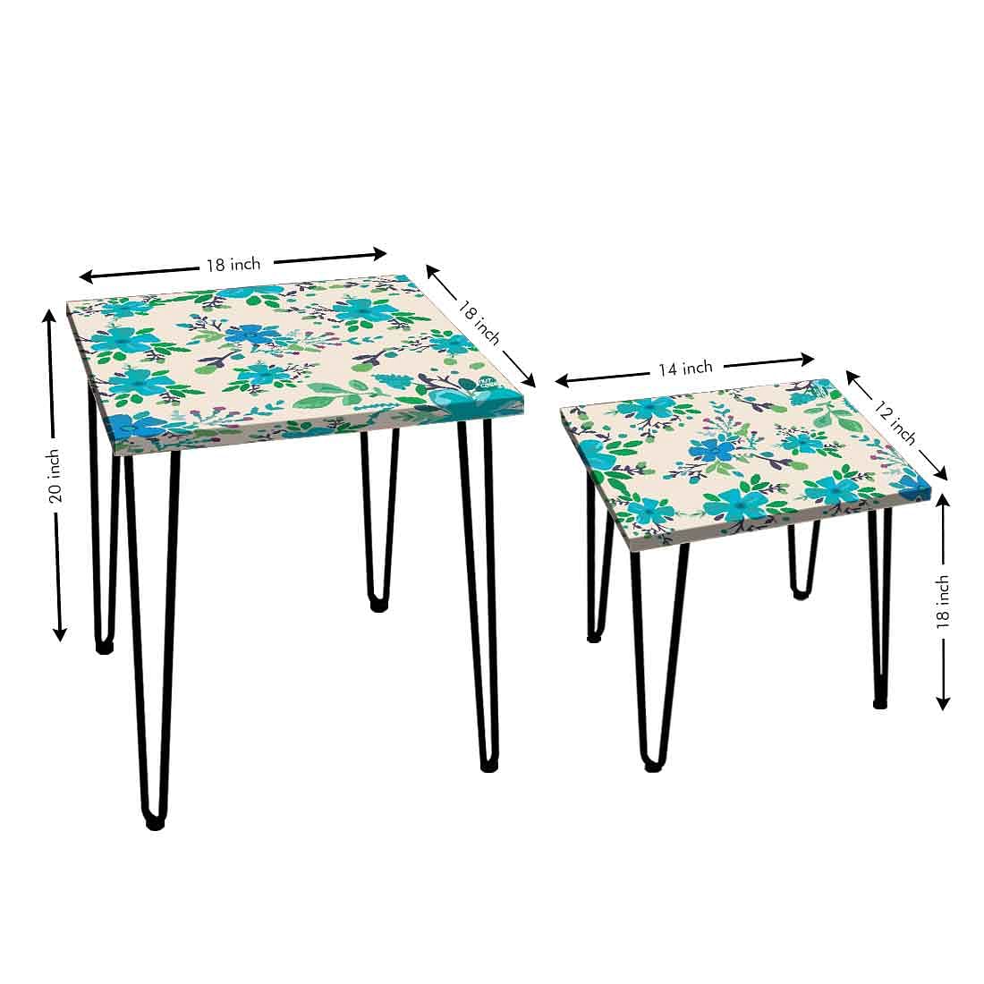 Stackable Side Tables Set of 2 with Designer Blue Flower Printed - Image 3