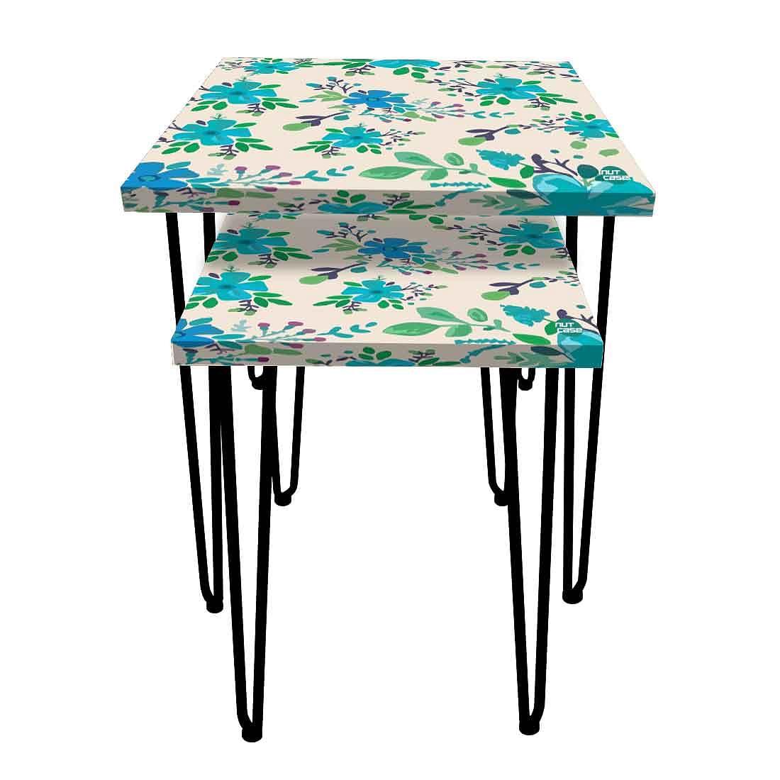 Stackable Side Tables Set of 2 with Designer Blue Flower Printed - Image 4