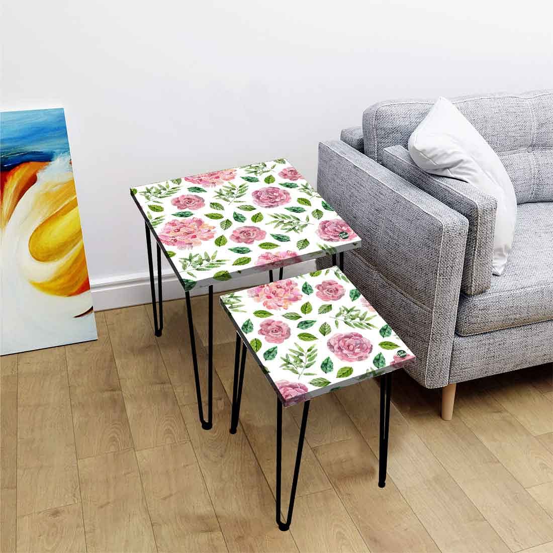Designer Metal Nesting Tables Set of 2 for Kitchen - Floral Designer
