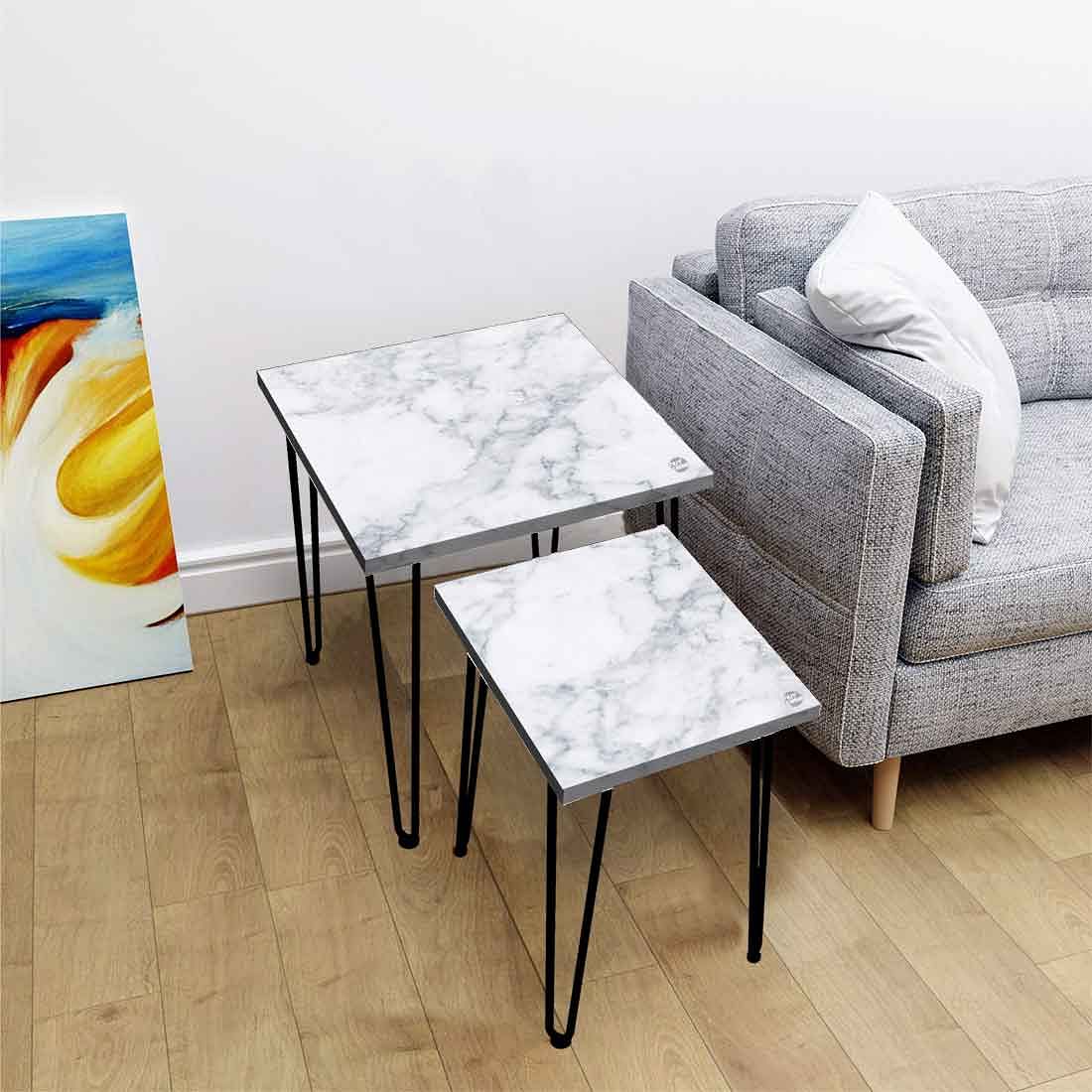 Patio Nesting Tables Set of 2 for Living Room Outdoors & Office - White Marble - Image 2