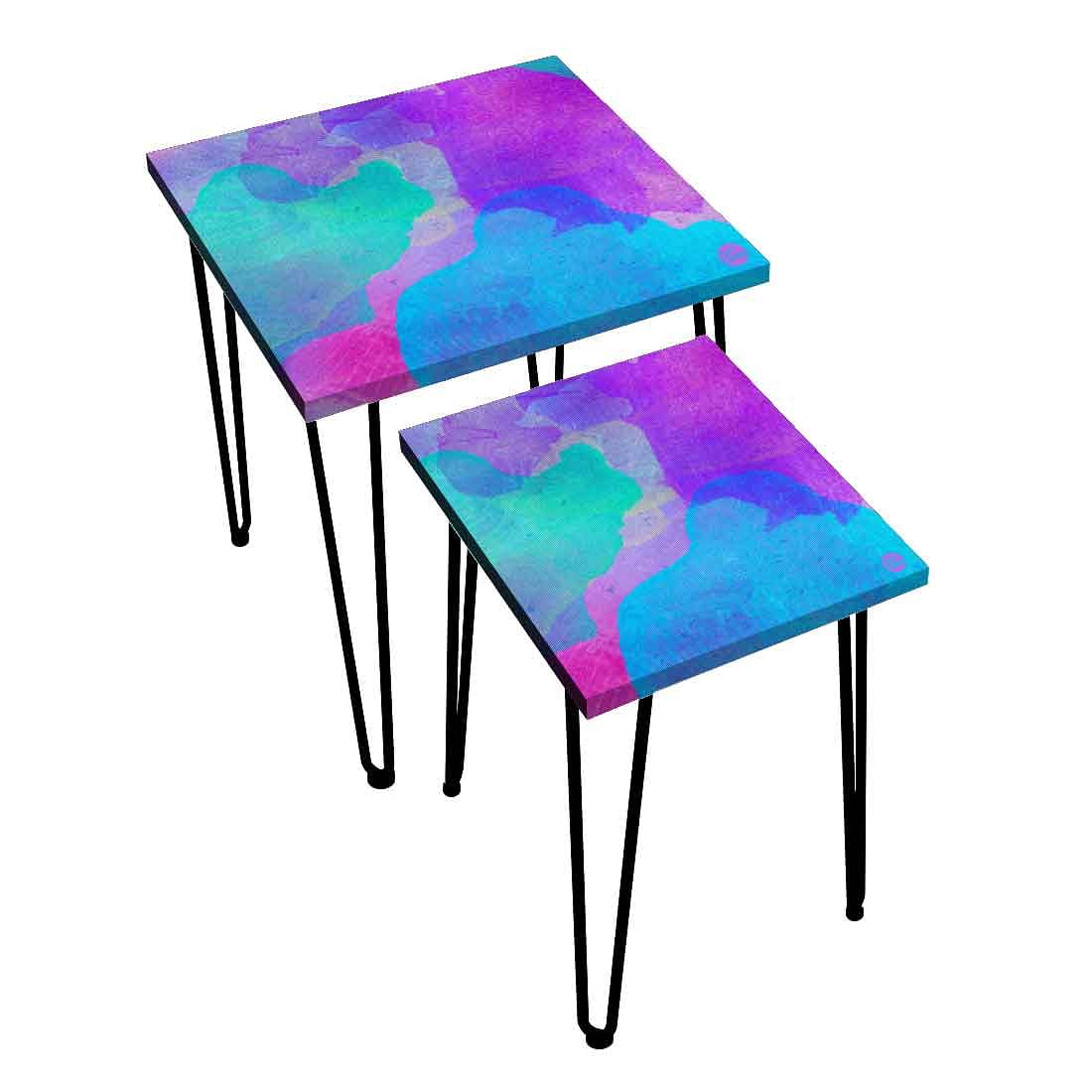Nesting Table Set of 2 for Living Room Balcony Patio - Blue Watercolor