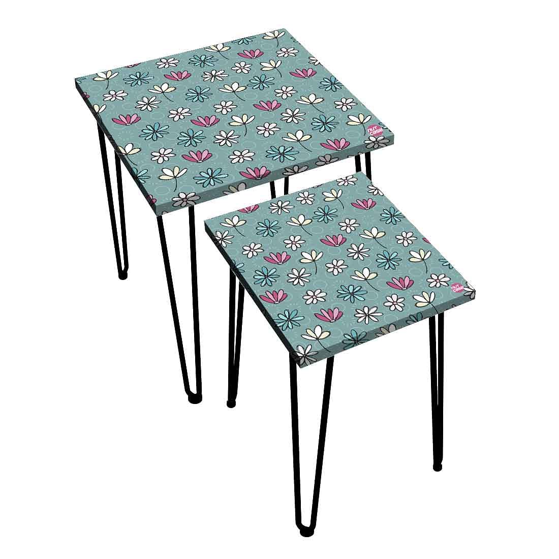Nesting Table Set of 2 for Living Room Balcony Patio - Flower Pattern