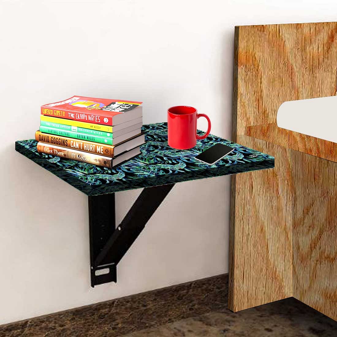 Wall Mounted Folding Bedside Table - Dark Green Tropical - Image 3