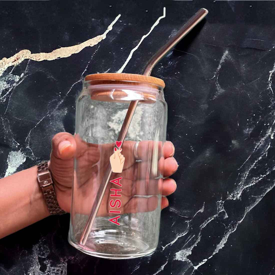 Nutcase Can Shaped Glass with Straw (Metal) and Wooden Lid - Image 2