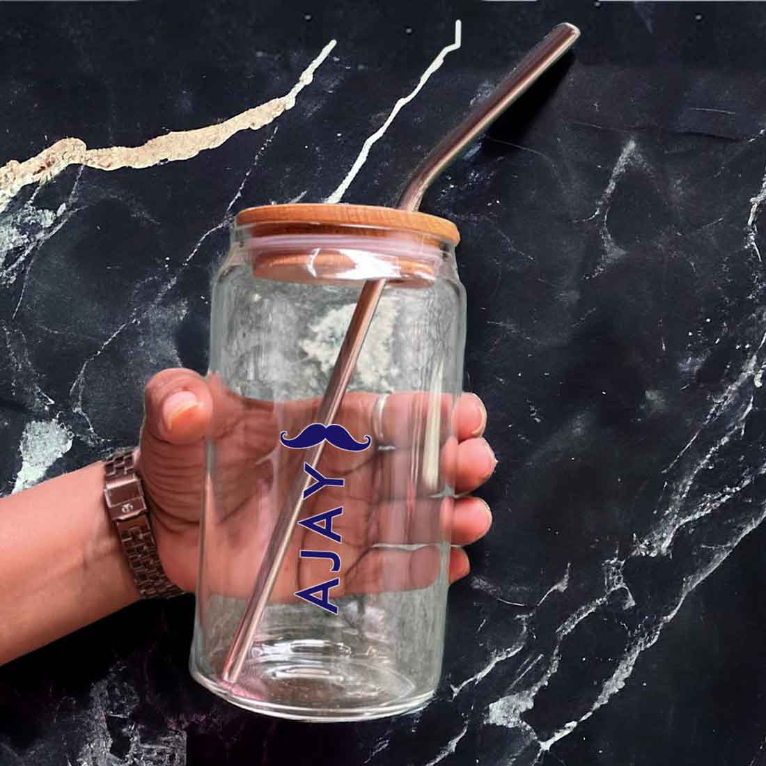 Nutcase Custom Can Shaped Glass with Straw and Wooden Lid - Image 2