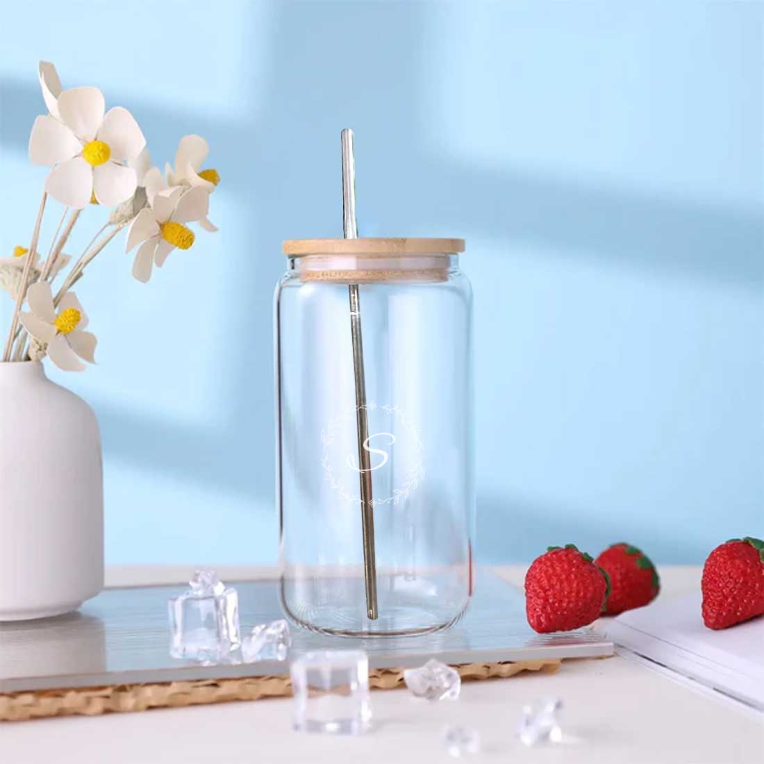 Nutcase Custom Glass Sipper Bottle Straw and Bamboo Wooden Lid - Image 2