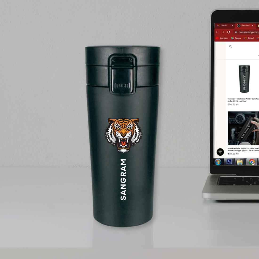 Nutcase Customized Stainless Steel Travel Mug 380ml BPA Free Insulated Coffee Tumbler- Tiger - Image 2