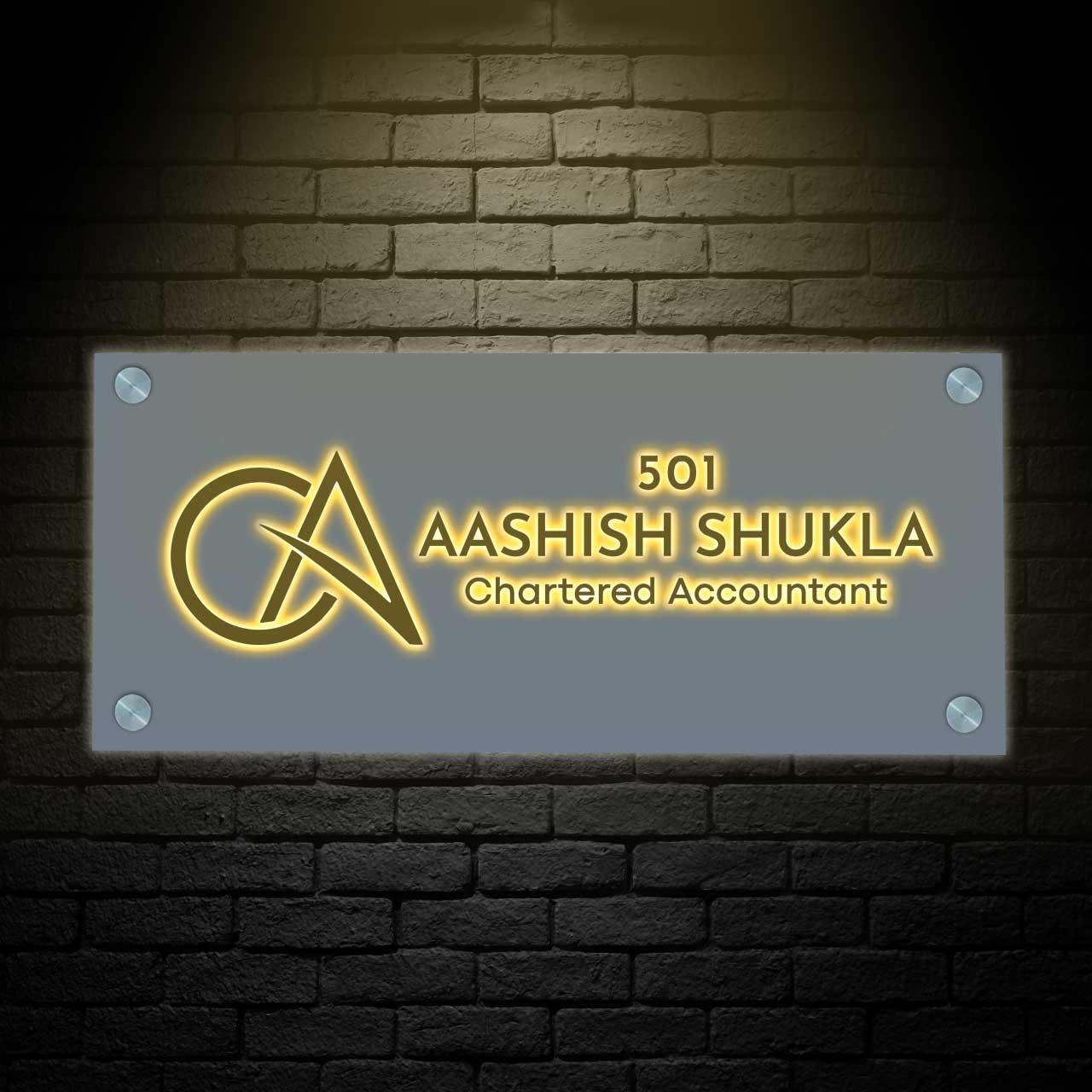 Nutcase LED CA Name Plate for Home, Office – Premium Acrylic Sign Board with Golden Fonts